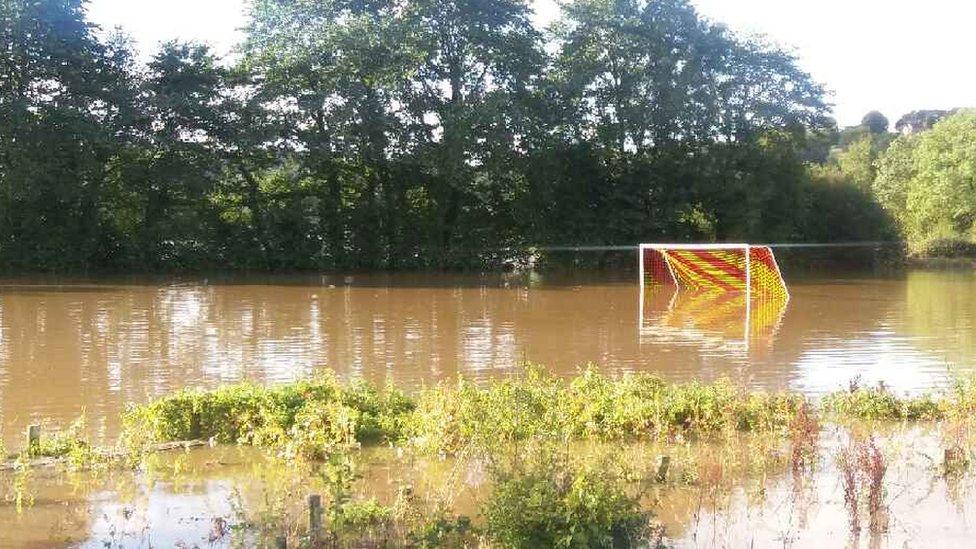 Photo of a half-submerged goal at Abergwili, Carmarthenshire