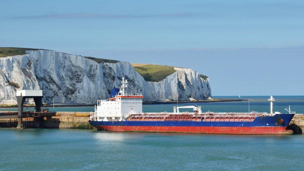 A freight ship in the port of Dover