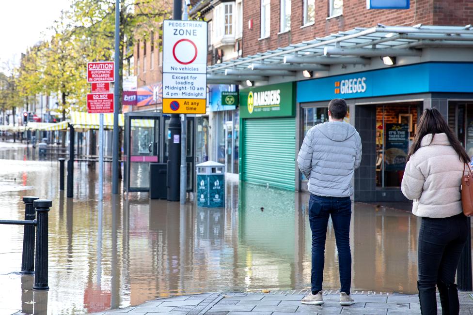 A flooded street in Worksop