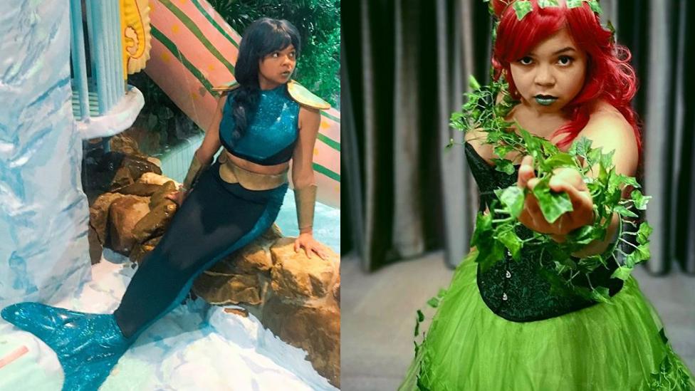 Millie dressed as a mermaid and the comic book character Poison Ivy