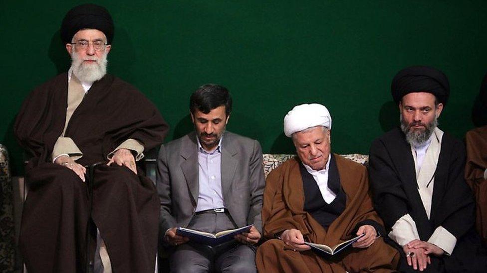 A handout picture from the Iranian supreme leader's website shows Iran's supreme leader Ayatollah Ali Khamenei (L), President Mahmoud Ahmadinejad and cleric Akbar Hashemi Rafsanjani (2nd-R) attending a memorial ceremony for Khadije Saghafi, the widow of late revolutionary founder Ayatollah Ruhollah Khomeini, in Tehran.