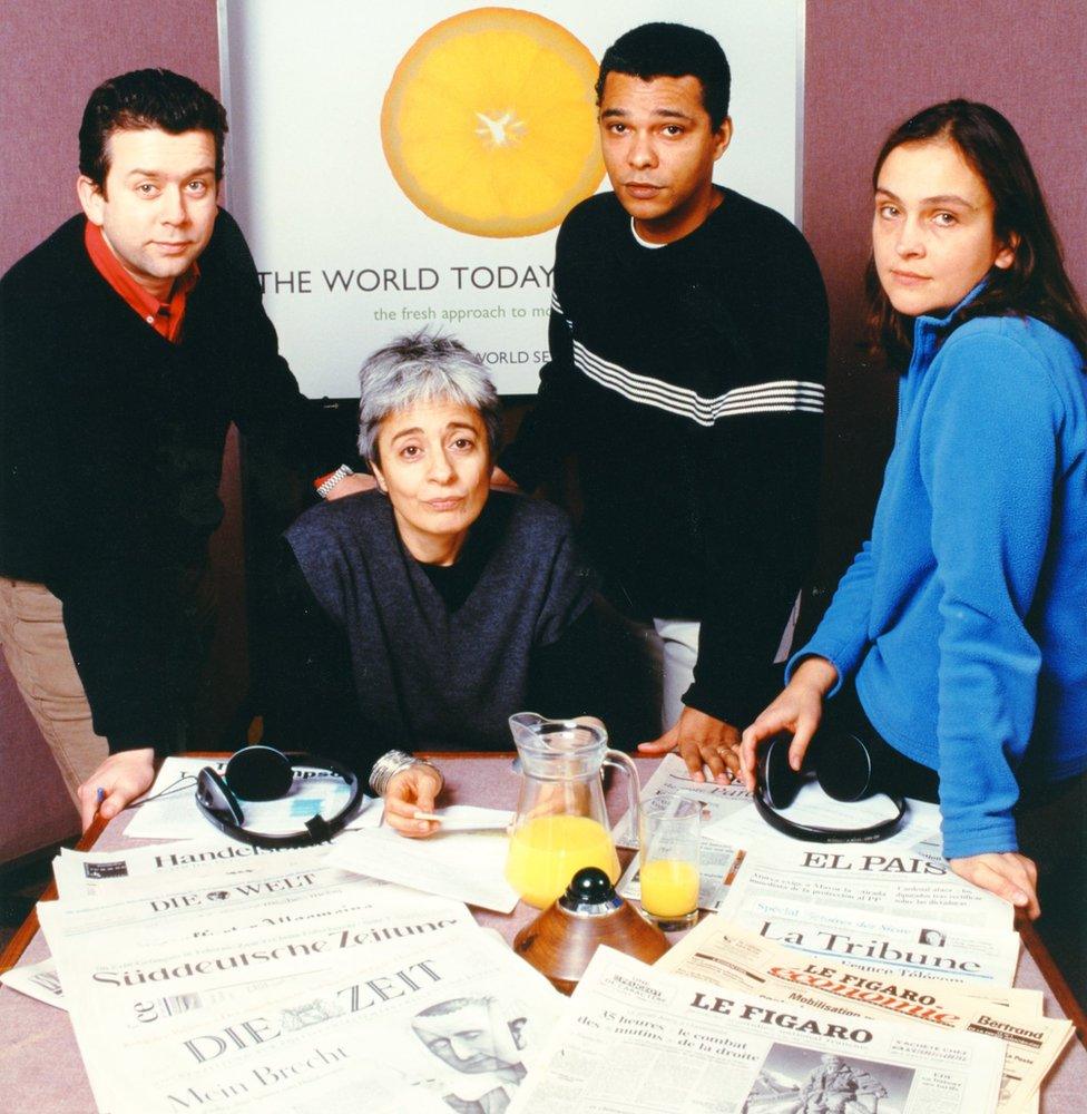 Julian Keane, third from left, with colleagues on The World Today in 1998