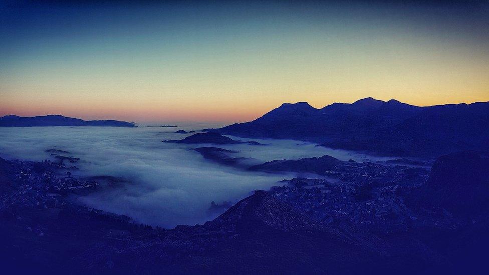 Mist at Blaenau Ffestiniog, Gwynedd, captured in the dying light from Llyn Cae Cerrig by Helen McAteer