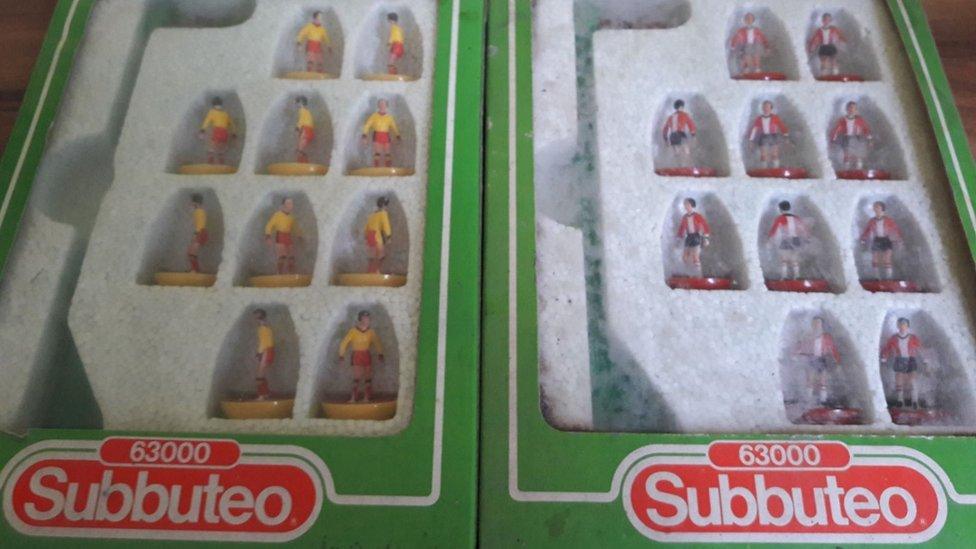 Several sets of Subbuteo teams, many still in their boxes, were discovered