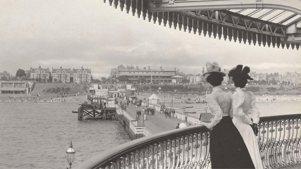 Two women on the pier at Clacton on Sea, 1880 - 1920