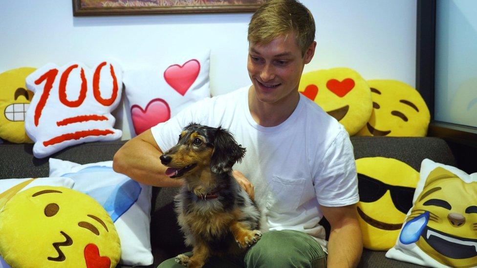 Ryan Hoover and Pluto, the Product Hunt office dog