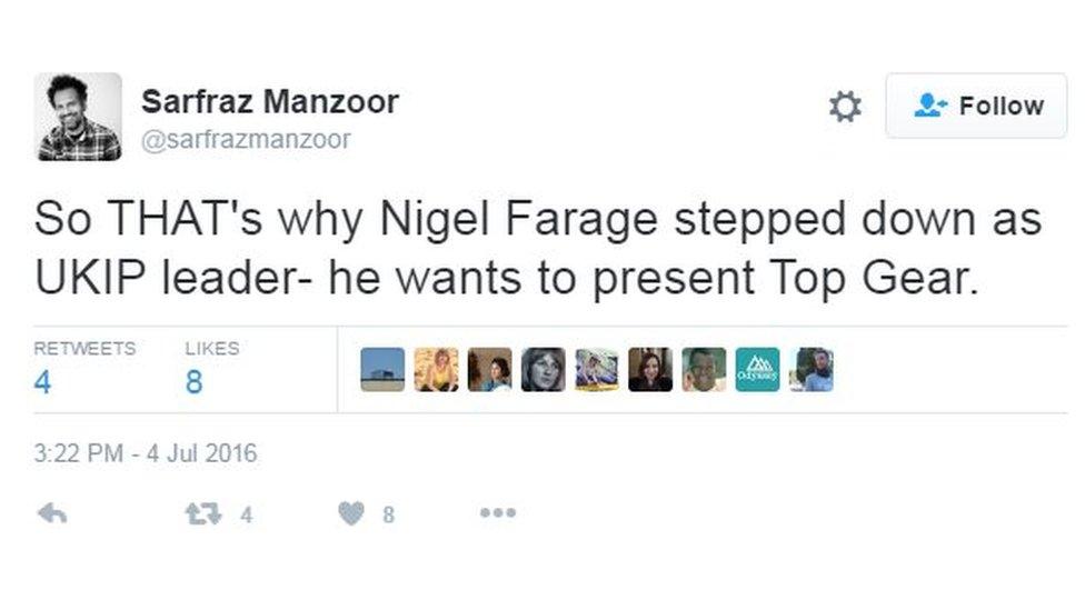 So THAT's why Nigel Farage stepped down as UKIP leader- he wants to present Top Gear.