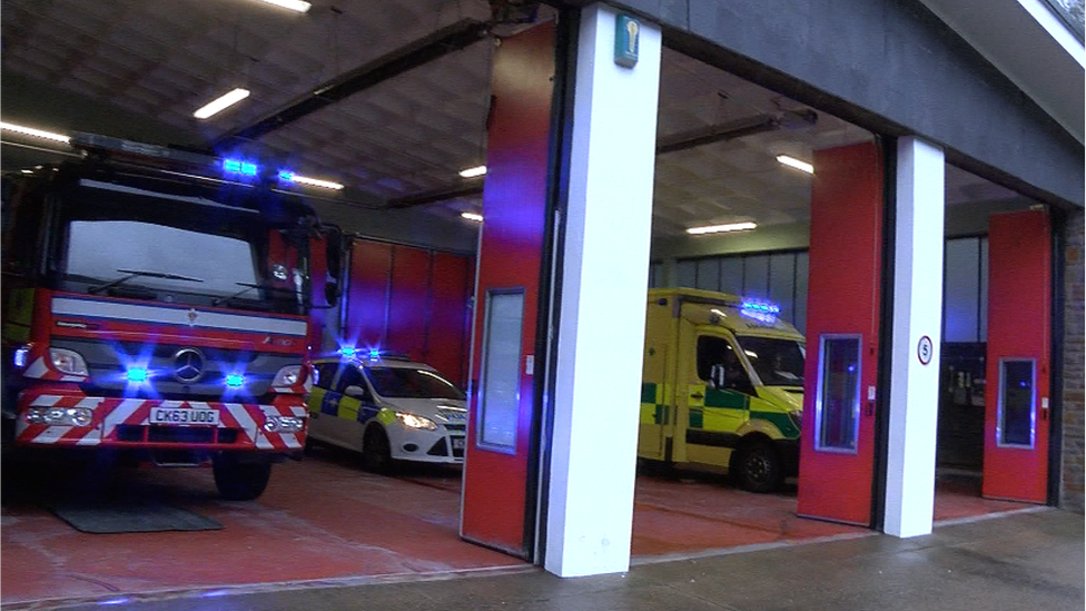 Fire engine, police car and ambulance