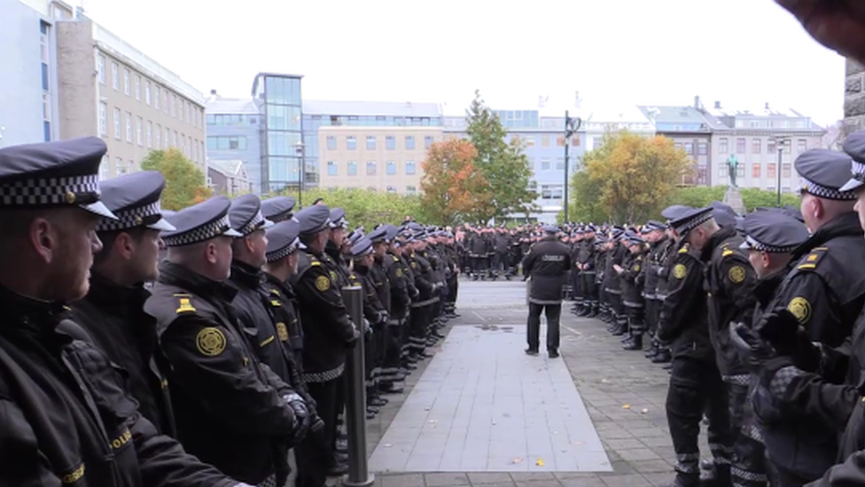 Police officers at the protest in Reykjavik