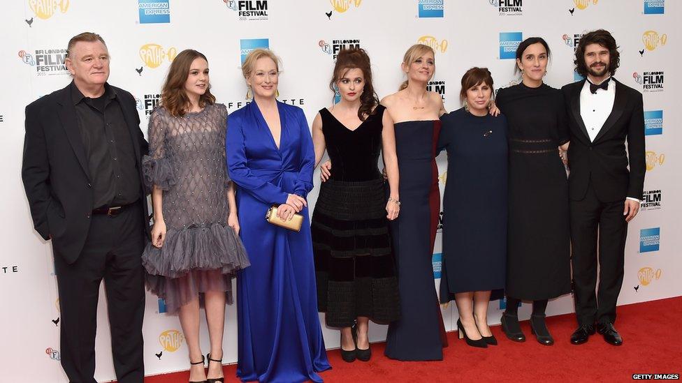 (left to right) Brendan Gleeson, Carey Mulligan, Meryl Streep, Helena Bonham Carter, Anne Marie Duff, scriptwriter Abi Morgan, director Sarah Gavron and actor Ben Whishaw