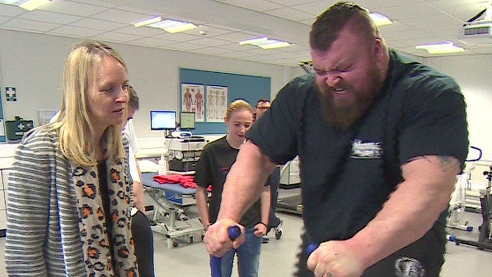 Eddie Hall on his exercise bike at Staffordshire University