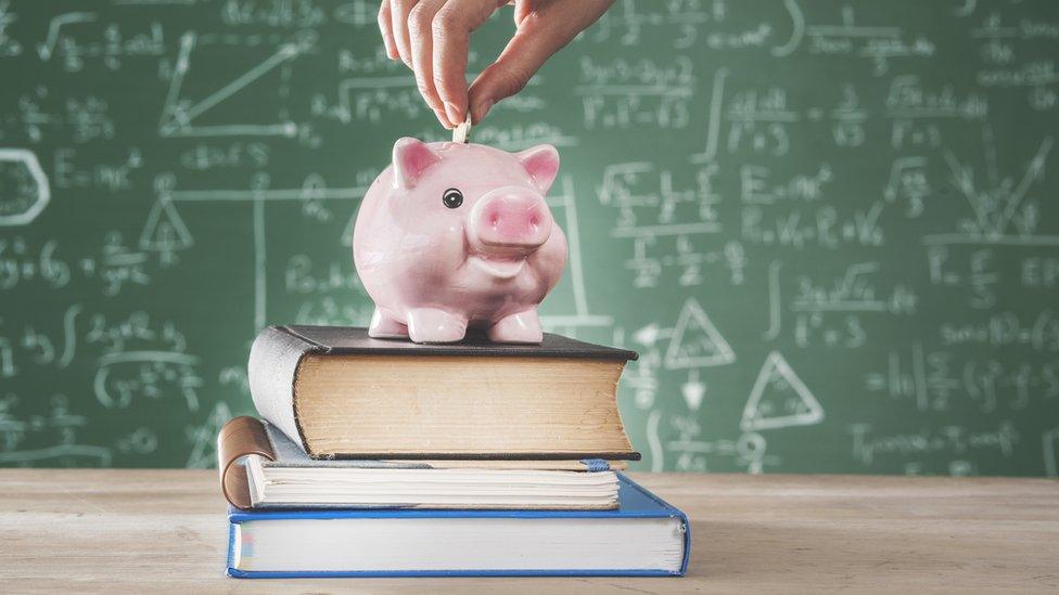 A stock image - showing a blackboard with lots of equations in the background. In the foreground a female hand puts a coin into a piggy bank that is standing on top of a pile of three books.