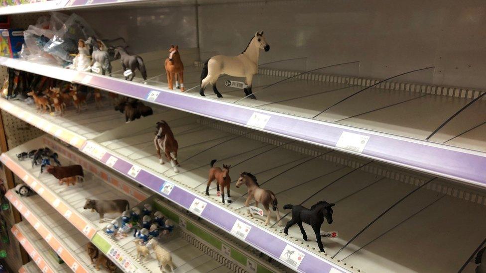 Depleted shelves at the toy shop