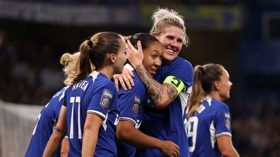 Millie Bright hugging Lauren James after she scored for Chelsea