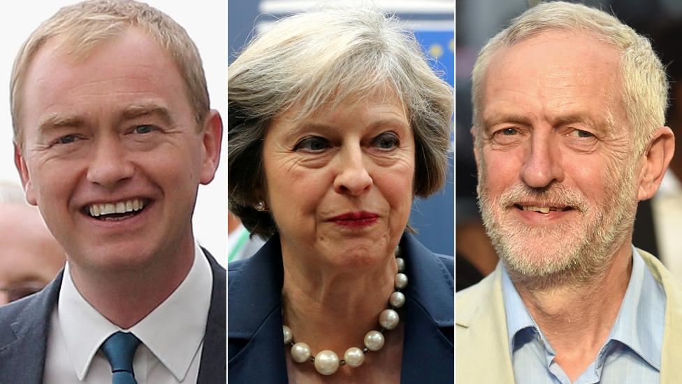 Tim Farron, Theresa May and Jeremy Corbyn