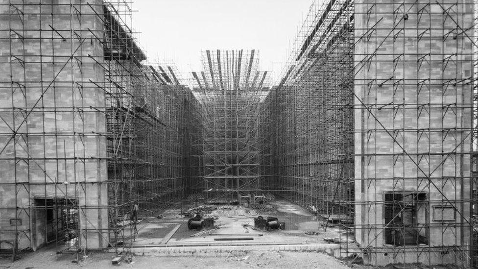 Scaffolding around new cathedral walls