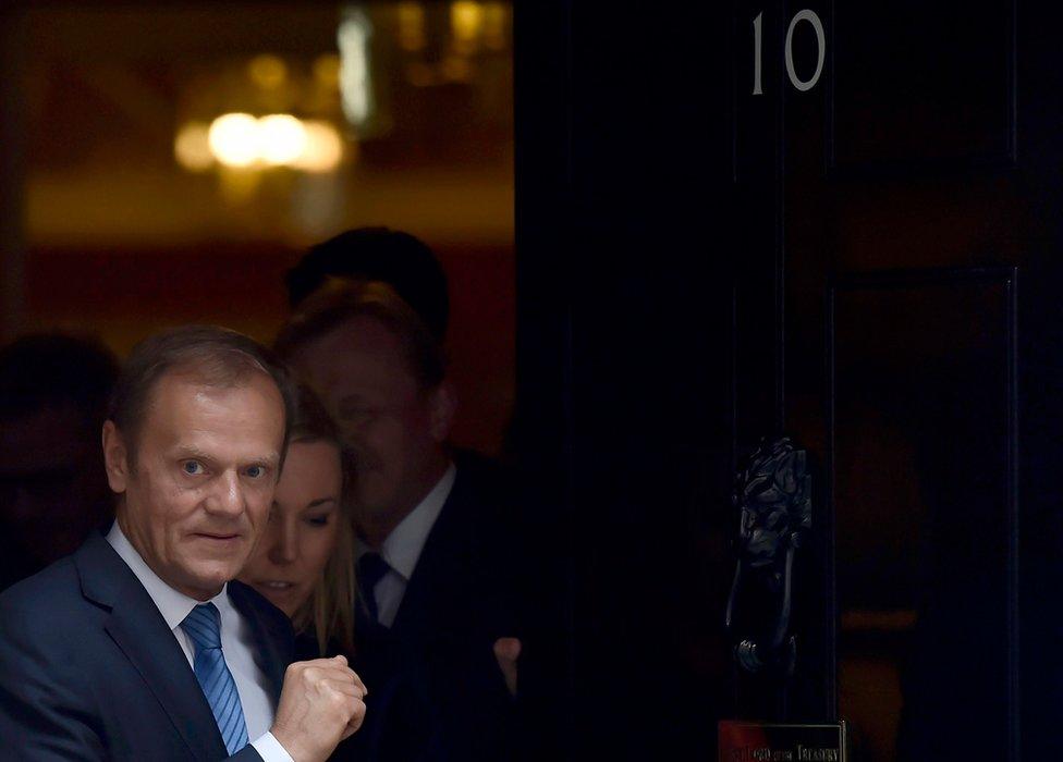 Donald Tusk, the President of the European Council, leaves after meeting Britain"s Prime Minister, Theresa May inside 10 Downing Street, in central London, Britain April 6,