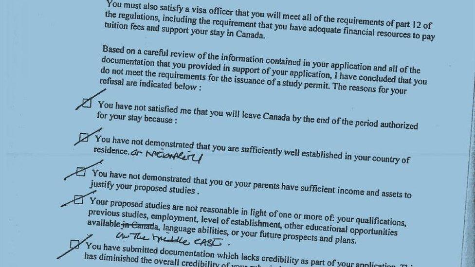 Rejected Canada visa application form with reasons for rejection including that he is not sufficiently well established in his country of residence; that he won't leave Canada a the end of the authorised period; other educational possibilities available in the Middle East