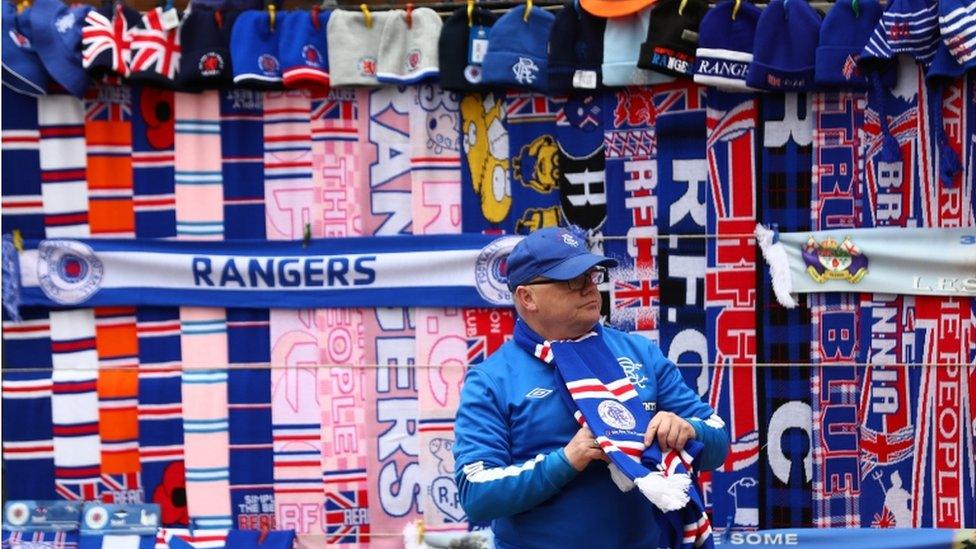 Merchandise goes on sale prior to kickoff during the Ladbrokes Scottish Premiership match between Rangers and Celtic at Ibrox Stadium on April 29, 2017