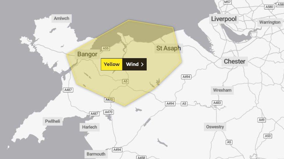 Yellow warning for strong winds - map showing north Wales