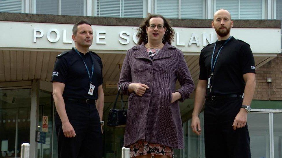 Police Scotland officers with hate crime victim Cathleen Lauder