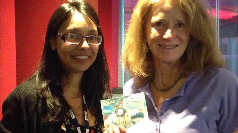 Dhruti Shah and Jean Pennycook meeting in London to handover the postcard for Jean's postcard project