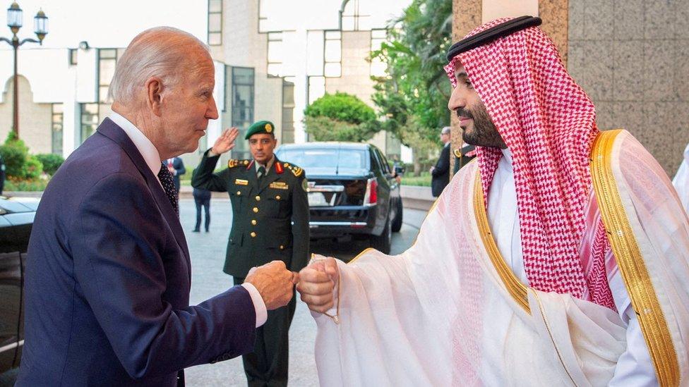 Saudi Crown Prince Mohammed bin Salman fist bumps U.S. President Joe Biden upon his arrival at Al Salman Palace, in Jeddah, Saudi Arabia, July 15, 2022