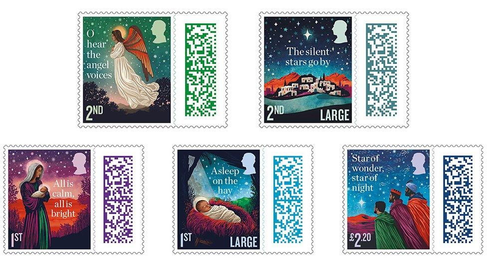 royal mail christmas stamps, selection of stamps with christmas scenes