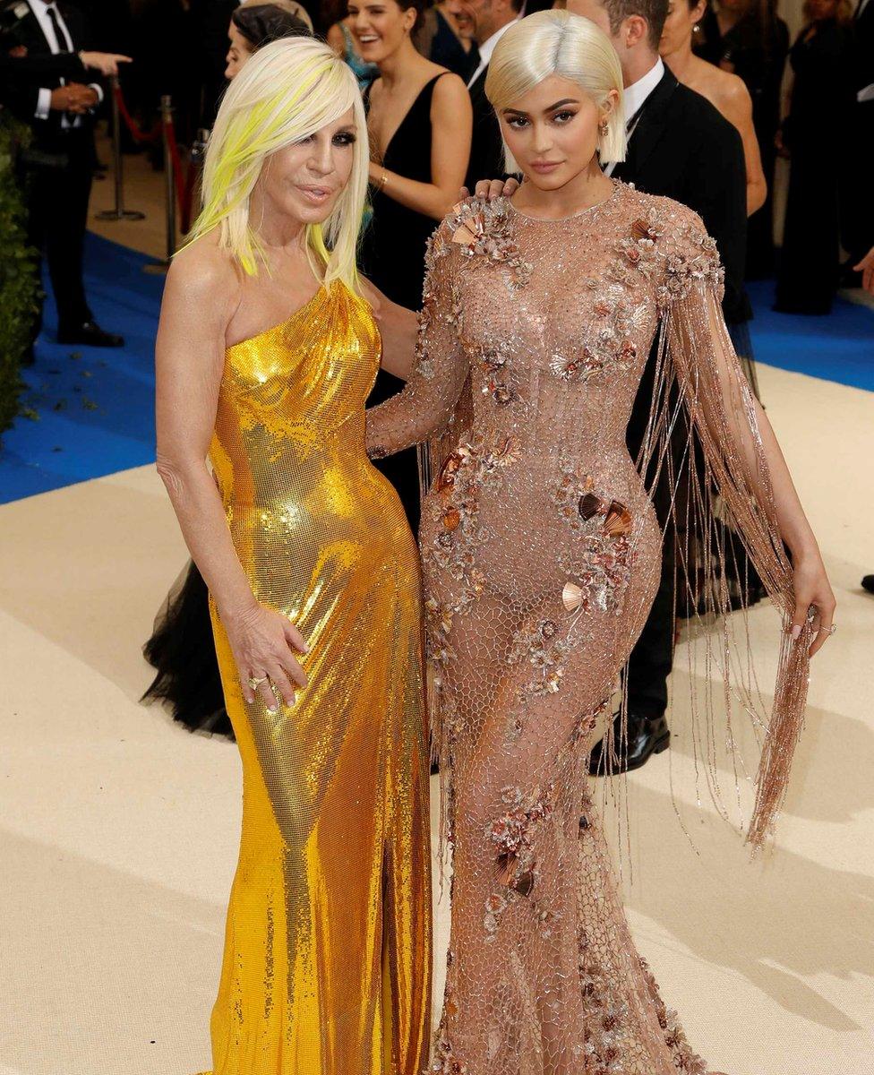 Donatella Versace and Kylie Jenner arrive at the Met Ball at the Metropolitan Museum of Art, New York