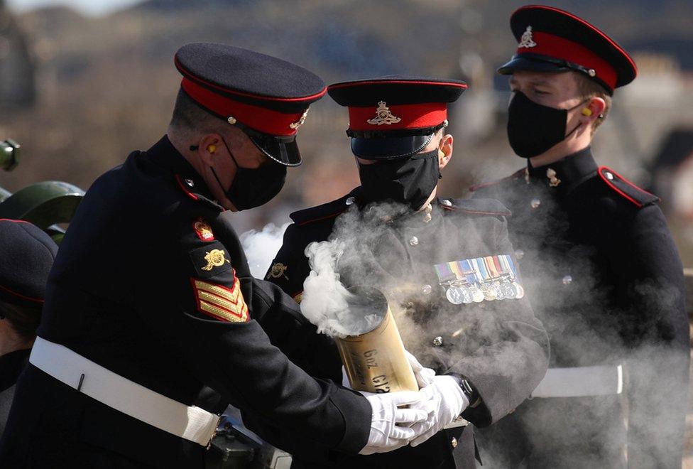 Members of the 105th Regiment Royal Artillery fire a gun salute to mark the death of Britain's Prince Philip.