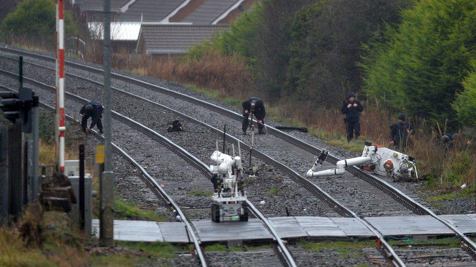 A bomb disposal robot on the railway line where searches for the device were carried out