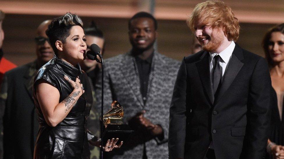 Amy Wadge and Ed Sheeran at the Grammys