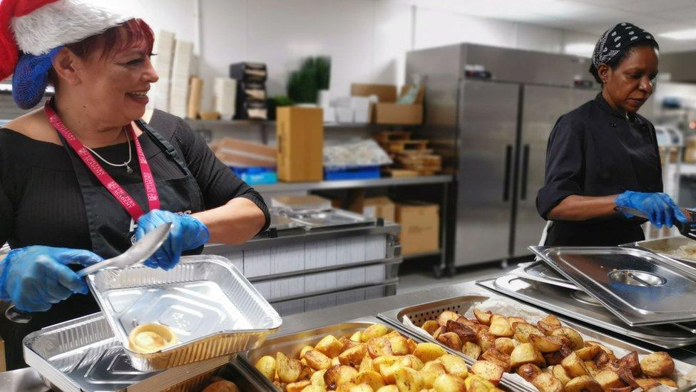 Staff preparing a Christmas dinner