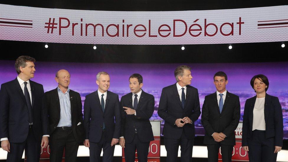 From L-R): Arnaud Montebourg, Jean-Luc Bennahmias, Francois de Rugy, Benoit Hamon, Vincent Peillon, Manuel Valls and Sylvia Pinel