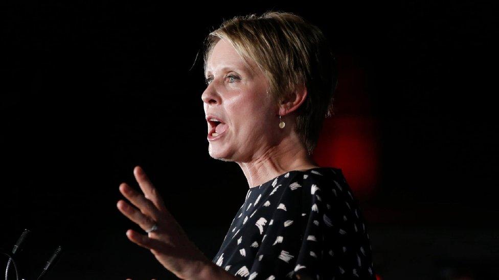 Cynthia Nixon delivers a concession peech in Brooklyn after losing the primary on 13 September 2018.