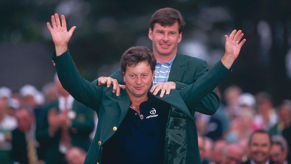 Ian Woosnam a Nick Faldo ar gwrs golff Augusta, UDA