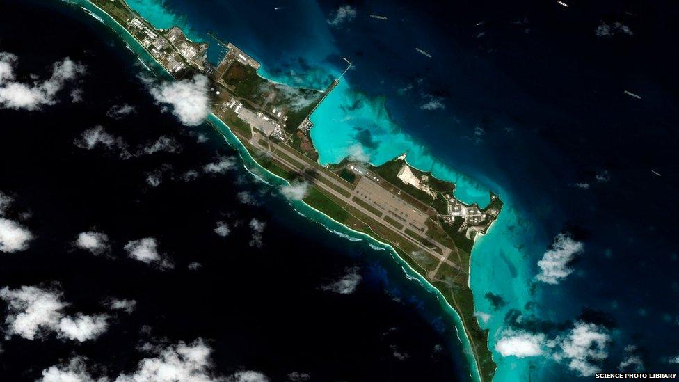 Satellite image of Diego Garcia, a 44-square-kilometre atoll of coral and sand in the Indian Ocean