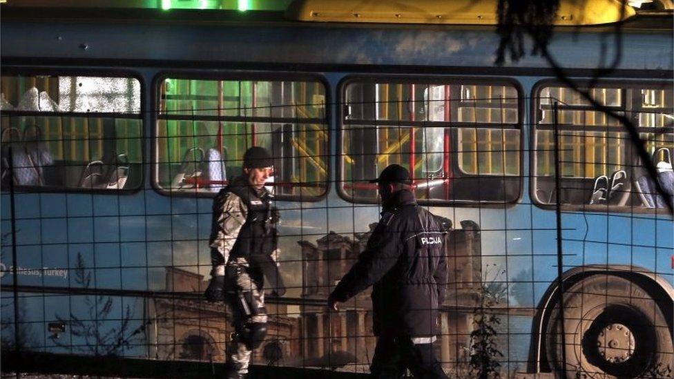 Bosnian police inspect a bus after the attack in Sarajevo. Photo: 18 November 2015