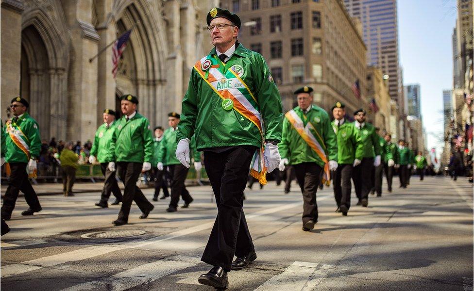 People march up Fifth Avenue in New York during the St Patrick's Day parade