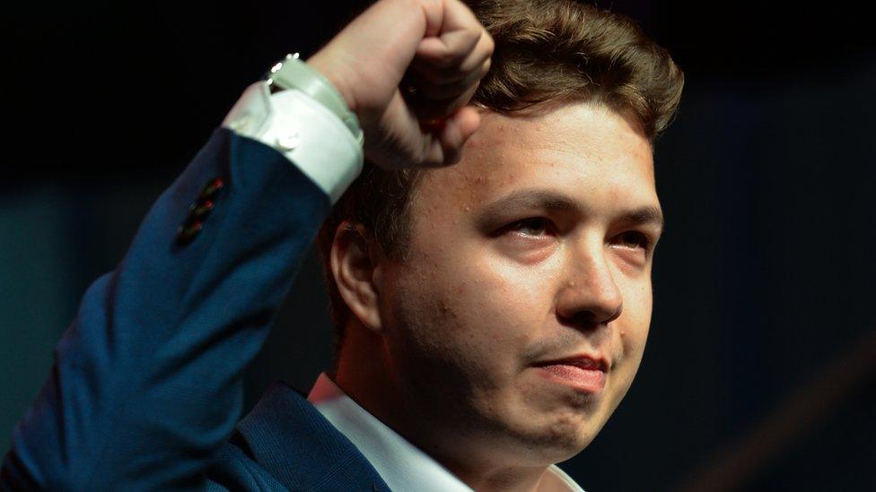 Roman Protasevich addresses the crowd next to a famous Gdansk's Shipyard Gate number 2 on August 31, 2020 during 'Free Poland To Free Belarus'