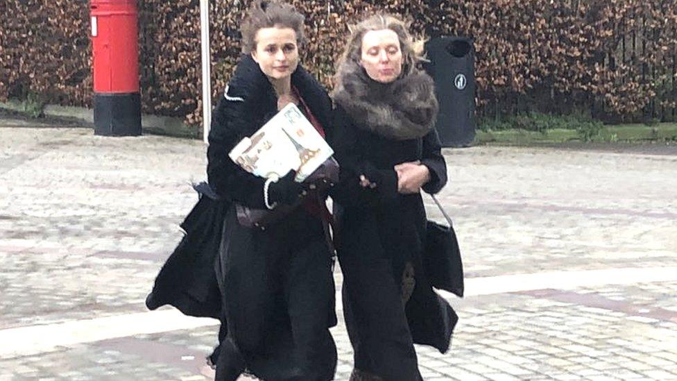 Actress Helena Bonham-Carter arriving at Gloucester Cathedral for the funeral of Nell Gifford