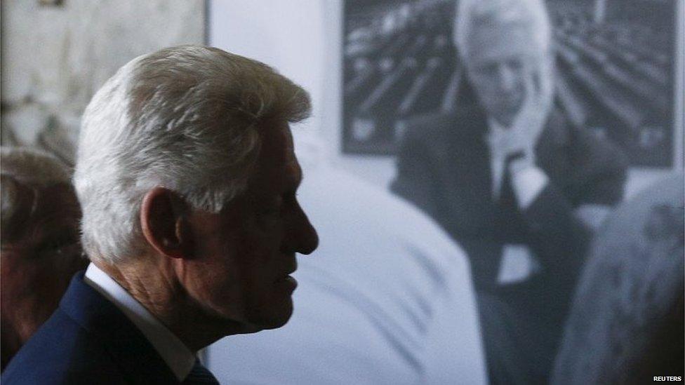 Former United States president Bill Clinton arrives to attend a ceremony marking the 20th anniversary of the Srebrenica massacre in Potocari,