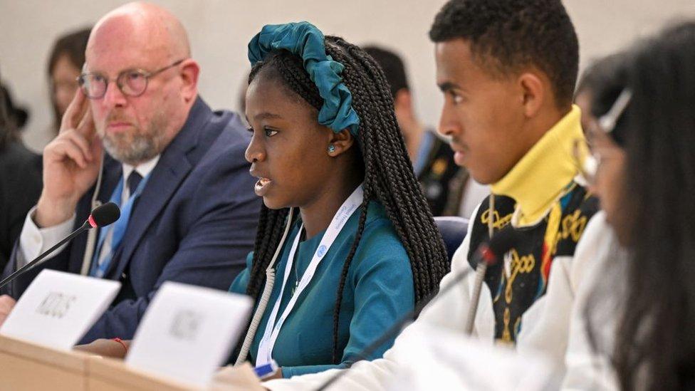 Twelve-year-old Colombian human rights defender Mariana delivers a speech during a panel on children's rights and the digital environment to mark the annual day of the child