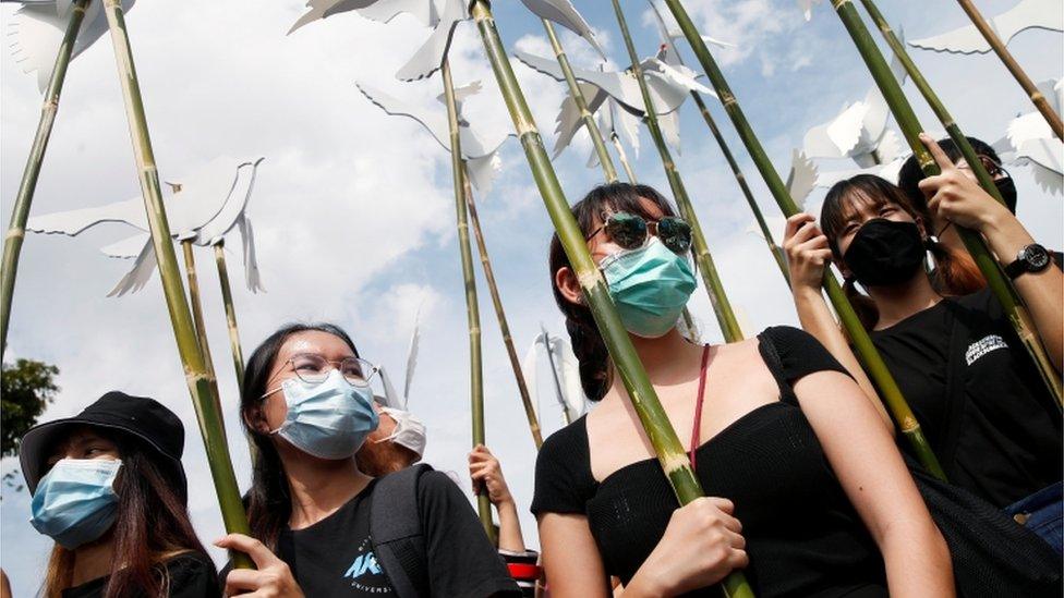 Pro-democracy protesters near the Democracy Monument in Bangkok, Thailand, August 16, 2020