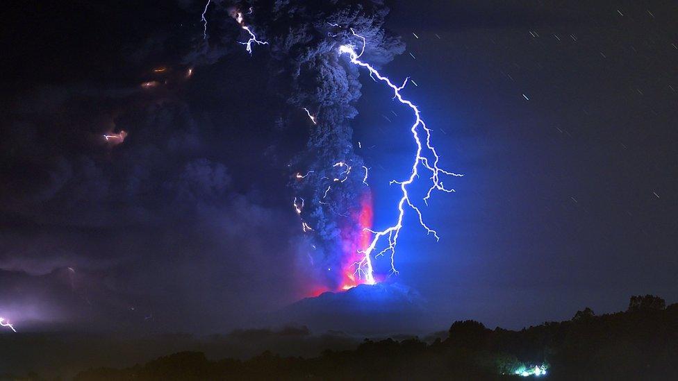 Volcanic lightning strikes above the Calbuco volcano in Chile