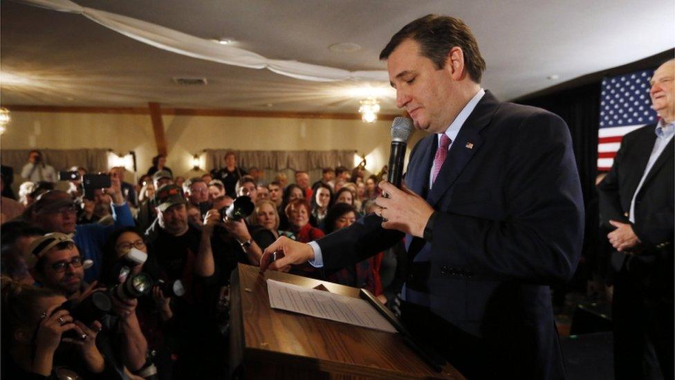 Republican presidential candidate Sen. Ted Cruz, R-Texas, speaks to supporters on primary election night, Tuesday, Feb. 9, 2016, in Hollis, N.H.