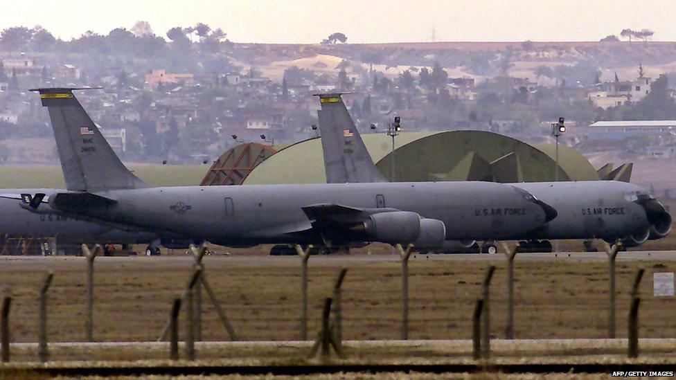 A file photo taken on January 11, 2005 shows US airforce tanker planes lining to take off from the Incirlik Airbase, southern Turkey