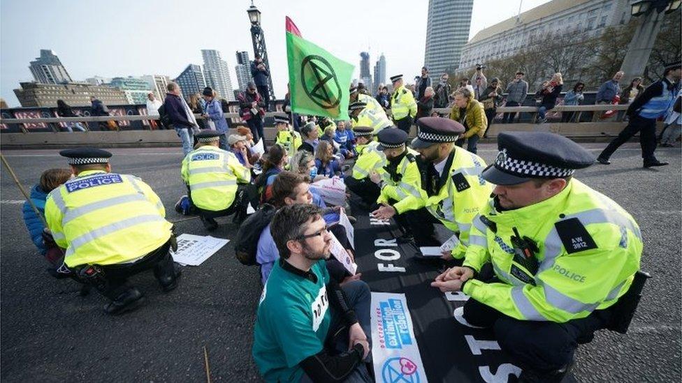 Police in the process of moving protesters from Lambeth Bridge