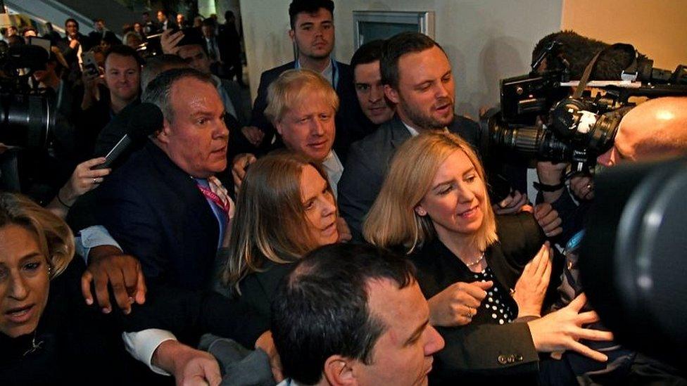 The media scrum as Boris Johnson arrived for his speech