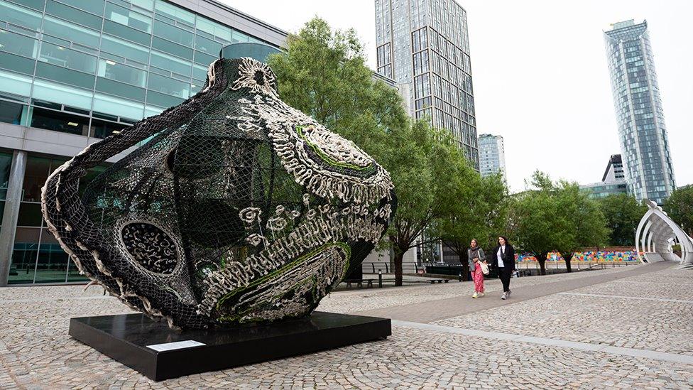 The artwork 'Ngialibalibade to the Lost Myth' by Taiwanese artist Eleng Luluan on display at Princess Dock